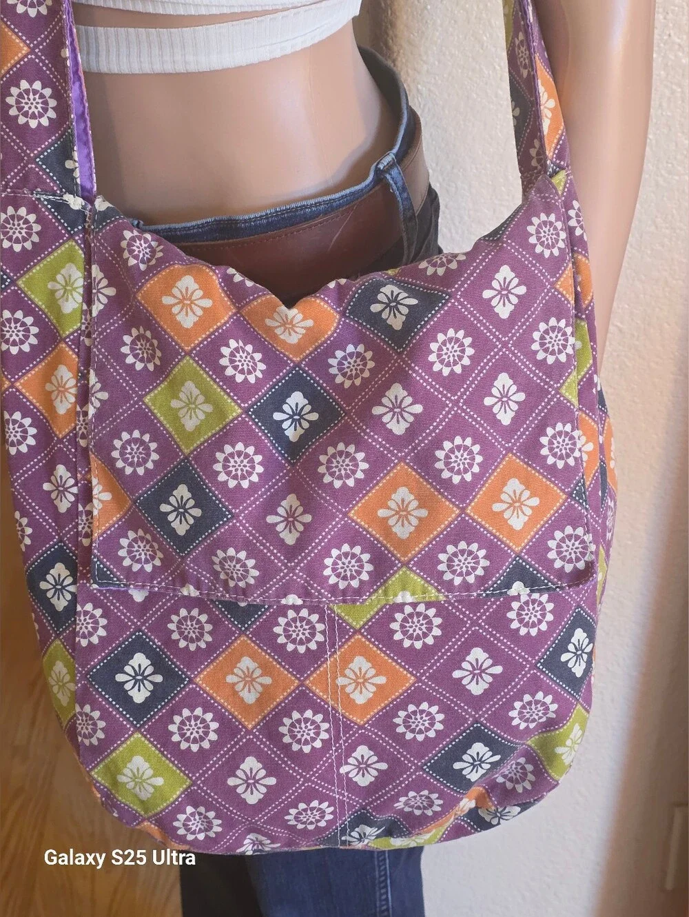 VTG Purple Floral Geometric Hobo Sling Bag TVD Caroline Forbes Wardrobe Match!